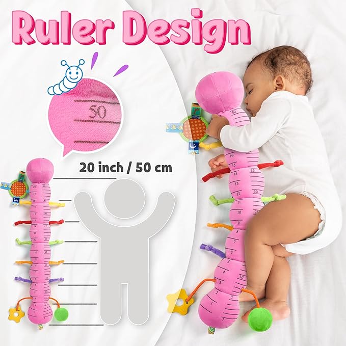 LIGHTDESIRE Baby Toys Musical Caterpillar,Infant Toys Stuffed Animals with Mirror,Ruler Design,Pull String&Rattles,Sensory Toy for Tummy Time Boy Girl Newborn Gifts 3 6 12 Months(Rose Pink,Knot Limb)-CubbioBaby