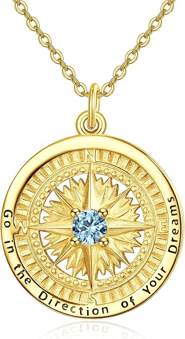 KINGWHYTE Graduation Gifts Birthstone Necklace for Women 925 Sterling Silver Compass Pendant Go in the Direction of your Dream Travel Jewelry Birthday Gift for Her