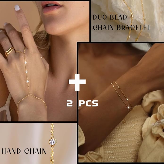 ÌF ME Hand Chain Bracelet Set 14K Gold Plated Durable Gold Bracelets for Women Adjustable Finger Bracelet Hand Jewelry with Extender Perfect for Everyday Wear Ring Bracelet Hand