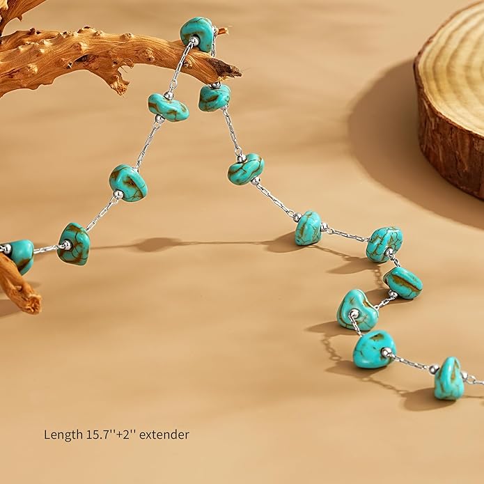 Created Turquoise Necklace for Women 14K Gold Plated Beaded Heart Choker Boho Necklaces Handmade Beach Summer Everyday Western Jewelry Gifts