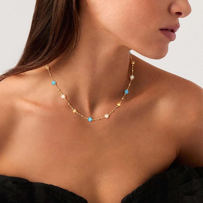 Created Turquoise Necklace for Women 14K Gold Plated Beaded Heart Choker Boho Necklaces Handmade Beach Summer Everyday Western Jewelry Gifts