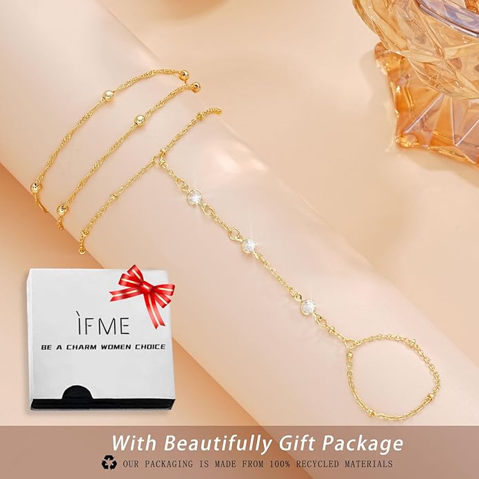 ÌF ME Hand Chain Bracelet Set 14K Gold Plated Durable Gold Bracelets for Women Adjustable Finger Bracelet Hand Jewelry with Extender Perfect for Everyday Wear Ring Bracelet Hand