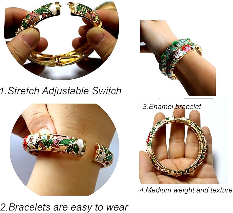 Vintage jewelry bangle Green Enameled Bracelet with Gemstone Floral Gold Plated Bangle Jewelry Gifts for Mom BFF Daughter