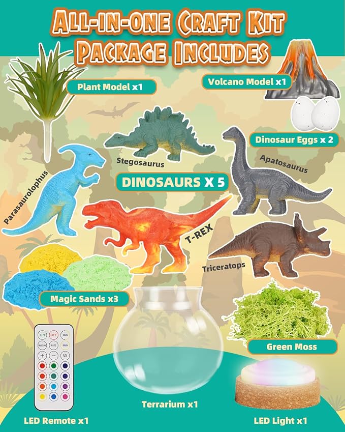 Light-Up Dinosaur Terrarium Kit for Kids, DIY Dino Toys Arts & Crafts Gift for Boys Age 4 5 6 7 8-12 Years Old, LED Night Light with Remote, Christmas Birthday Easter Decoration Present for Boy Girl