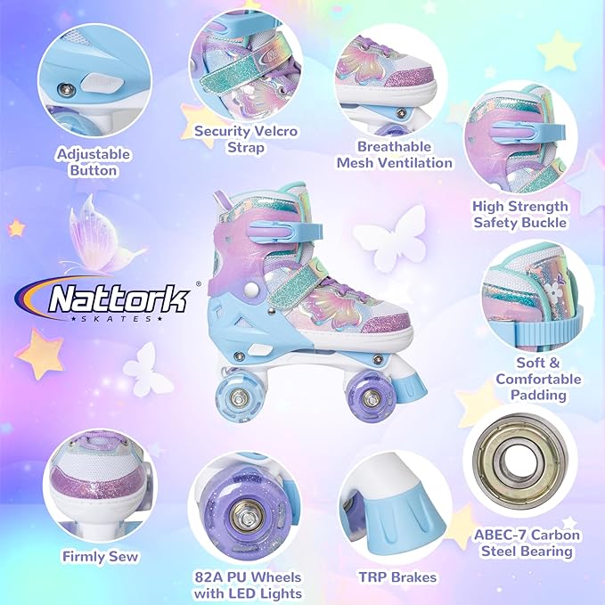 Nattork Kids Roller Skates for Girls Boys Kids, 4 Sizes Adjustable Quad Skates Butterfly and Flower with All Light up Wheels - Birthday Gift for Indoor Outdoor Sports-CubbioBaby
