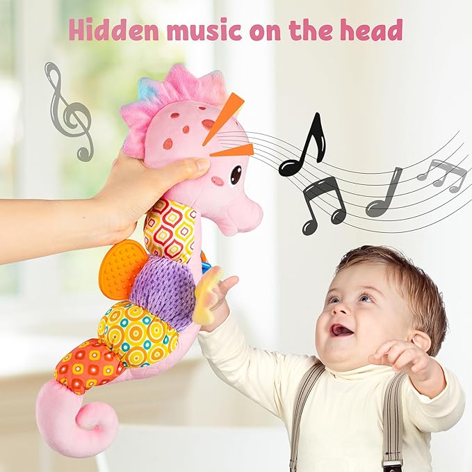 LIGHTDESIRE Baby Toys Musical Seahorse,Infant Stuffed Animal Toys with Crinkle and Rattles,Soft Sensory Toys with Textures for Tummy Time Newborn Boys Girls 0 3 6 12 Months(Pink)-CubbioBaby