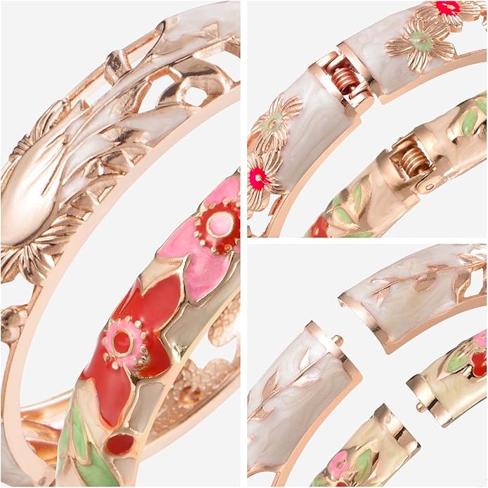 wynameleri Vintage Cloisonne Jewelry Gorgeous Rhinestone Handcrafted Bracelets Enamel Flower Bird Hinged Cuff Bangles Gifts 88A