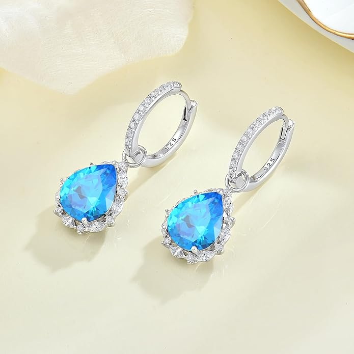 Women 925 Sterling Silver Birthstone Teardrop Huggie 14mm Hoop Drop Dangle Earrings 5A Cubic Zirconia Jewelry