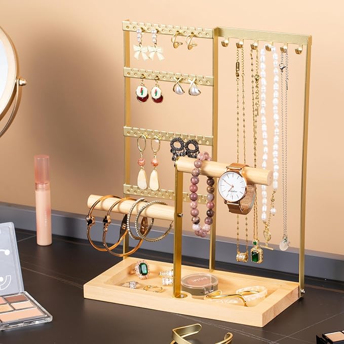 Jewelry Organizer Stand, Jewelry Holder, Lengnoy 4 Tier Earring Holder with 48 Holes and 6 Hooks Necklace Organizer Wood Box for Necklace Bracelet Earring Ring, Gold