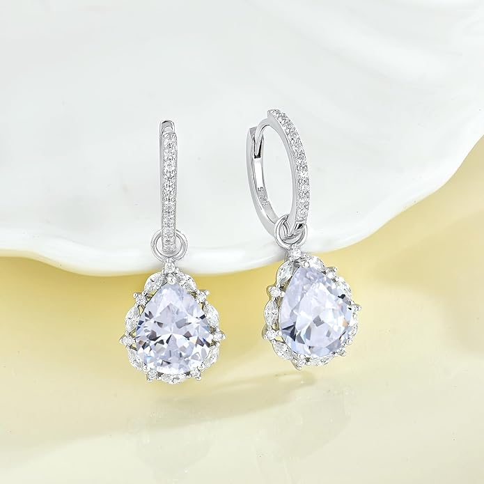 Women 925 Sterling Silver Birthstone Teardrop Huggie 14mm Hoop Drop Dangle Earrings 5A Cubic Zirconia Jewelry