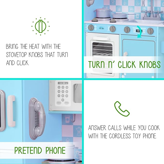 Lil' Jumbl Kids Kitchen Set, Pretend Wooden Play Kitchen with Chalk Board, Play Phone, Towel Rack & Ice Dispenser, Clicking Knobs, Pots & Utensils Included - Blue