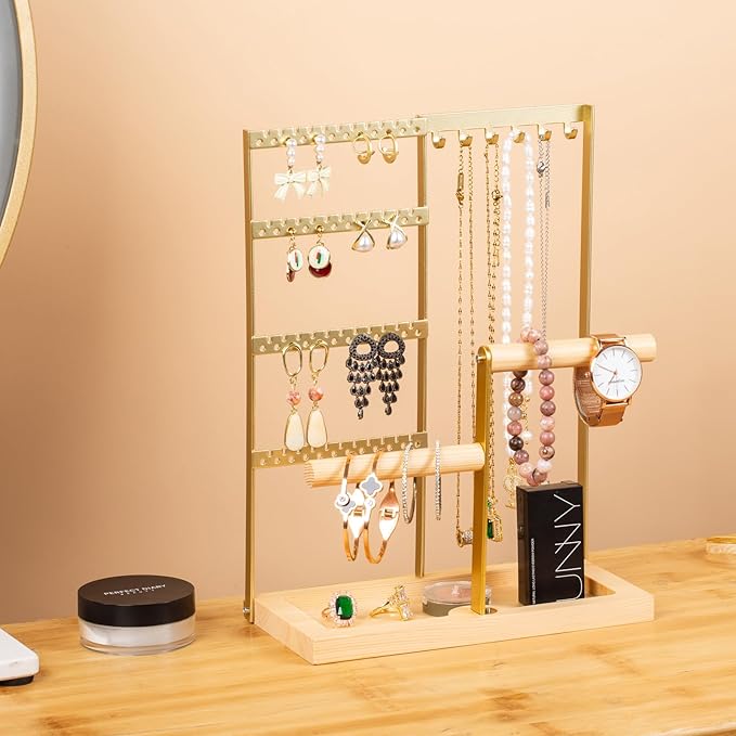 Jewelry Organizer Stand, Jewelry Holder, Lengnoy 4 Tier Earring Holder with 48 Holes and 6 Hooks Necklace Organizer Wood Box for Necklace Bracelet Earring Ring, Gold