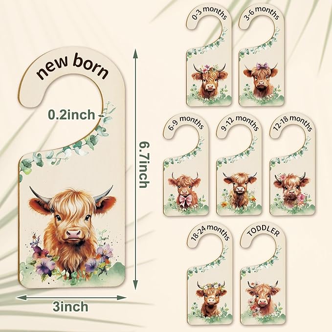 Whaline 8Pcs Baby Closet Size Dividers Watercolor Highland Cow Hanging Wood Baby Closet Organizer Newborn to 24 Months Thicken Baby Wardrobe Organizer-CubbioBaby