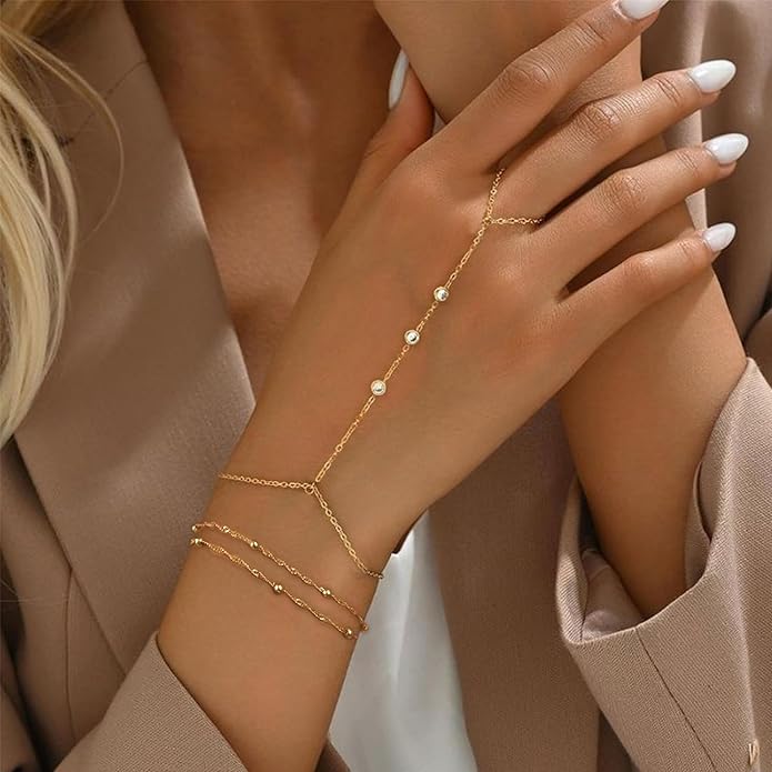 ÌF ME Hand Chain Bracelet Set 14K Gold Plated Durable Gold Bracelets for Women Adjustable Finger Bracelet Hand Jewelry with Extender Perfect for Everyday Wear Ring Bracelet Hand