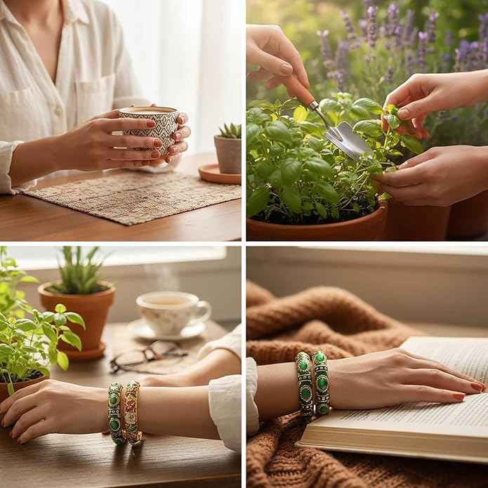 Vintage jewelry bangle Green Enameled Bracelet with Gemstone Floral Gold Plated Bangle Jewelry Gifts for Mom BFF Daughter