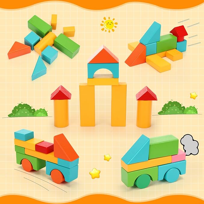 Libima 100 Pcs Wood Building Blocks for Toddlers 2-4 Years with Storage Container Wooden Building Blocks Wooden Building Set Wooden Building Set Preschool Block Learning Toys