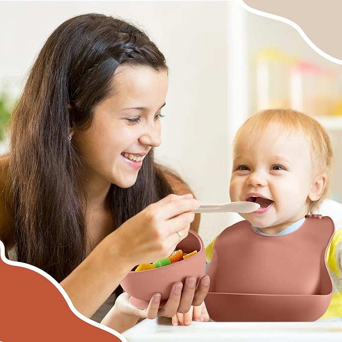 10 Pack Silicone Baby Feeding Set, Toddlers Led Weaning Feeding Supplies with Suction Baby Bowl Divided Plate Adjustable Bib Soft Silicone Spoon Fork, Infant Self Eating Utensil Set (Beige, Orange)-CubbioBaby