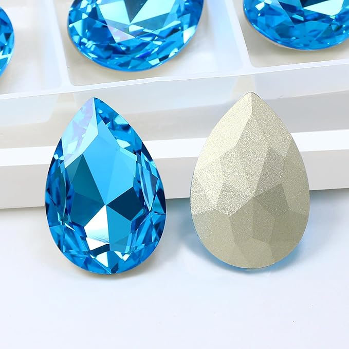 8Pcs Teardrop Crystal Pointback Rhinestones,30 * 20mm Large Glass Rhinestones Gem Stones for Crafts Dress Shoes Jewelry Making，Lake Blue