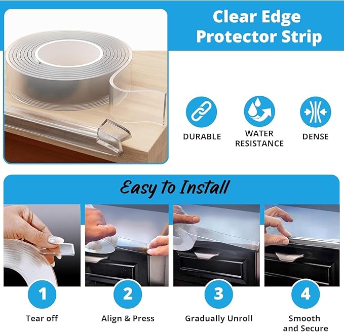 Furniture Corner & Edge Safety Bumpers, 16ft Edge Protector & 4 Clear Corner Protector Baby Proofing. Clear Corner Guards for Corner Table Protector for Kids. Cabinet Edge Protector & Corner Bumpers-CubbioBaby