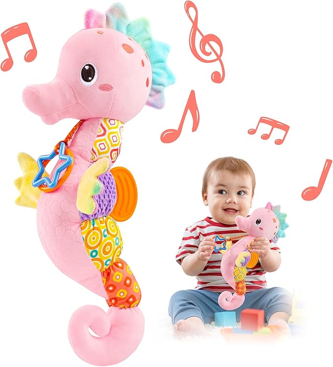 LIGHTDESIRE Baby Toys Musical Seahorse,Infant Stuffed Animal Toys with Crinkle and Rattles,Soft Sensory Toys with Textures for Tummy Time Newborn Boys Girls 0 3 6 12 Months(Pink)-CubbioBaby