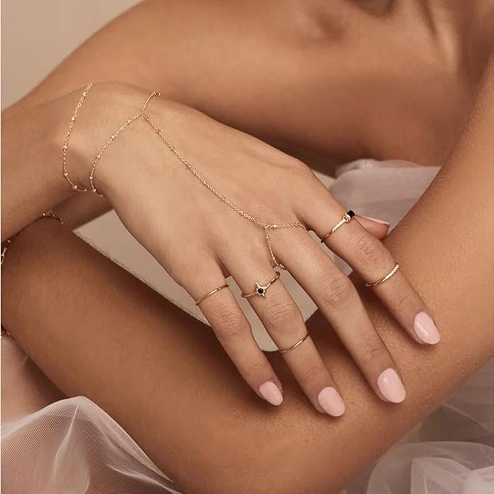 ÌF ME Hand Chain Bracelet Set 14K Gold Plated Durable Gold Bracelets for Women Adjustable Finger Bracelet Hand Jewelry with Extender Perfect for Everyday Wear Ring Bracelet Hand