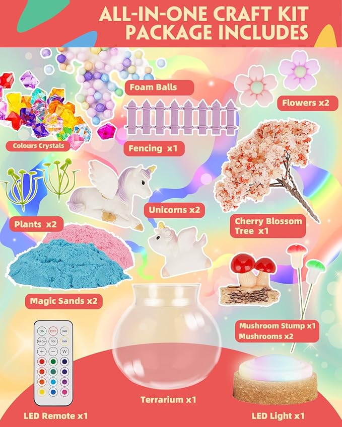 Light-Up Unicorn Terrarium Kit for Kids, DIY Arts & Crafts Gift for Girls Ages 4 5 6 7 8-12 Year Old, LED Night Light with Remote, Best Birthday Easter Unicorn Toys Gifts for Girls Kid