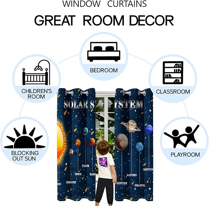 Solar System Curtain Panels - 2Pcs 95% Blackout Outer Space Curtains for Boys Bedroom Grommet Room Darkening Galaxy Planets Themed Curtains for Living Room, 82" x 84"-CubbioBaby