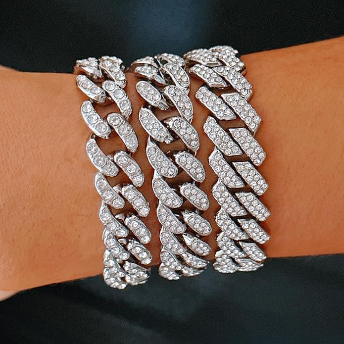 14K Gold Plated Ankle Bracelets for Women Cuban Link Anklets Plus Size Silver Ankle Bracelet Layered Link Anklet Set Rhinestone Bling Anklets Silver Jewelry for Women Gift Set