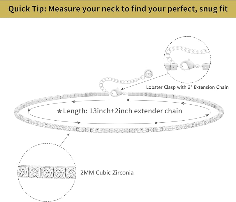 Tennis Necklace for Women, 14K Gold/Silver Plated Rhinestone Choker Necklace for Women, Dainty Cubic Zirconia Cut Faux Diamond Chain