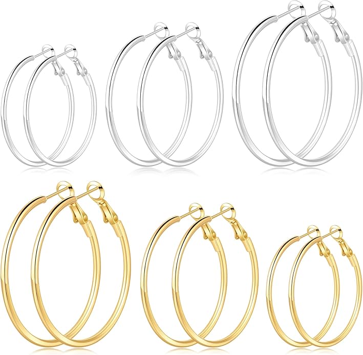4/6 Pairs Gold Silver Hoop Earrings for Women 14K Gold Plated Hypoallergenic 2mm Thin Hoops Stainless Steel Lightweight Dangle Set 30/40/50/60mm