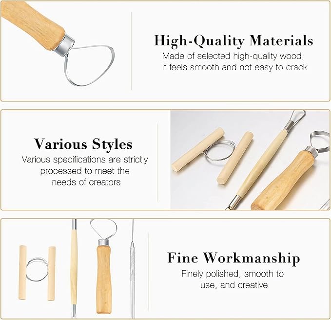 LINPHCEY 9PCS Clay Sculpting Tool Set - Easy to Use Trimming and Carving Tools with Sturdy Wooden Handles Perfect for Polymer Clay, Air Dry Clay, and More