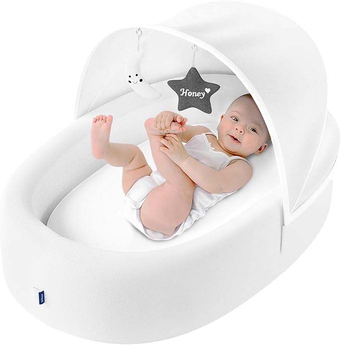 Premium Portable Baby Lounger Nest – Foldable Travel Bassinet for Newborn & Infant with Mesh Canopy, 2 Toys, Waterproof Mattress & Removable Cover – White-CubbioBaby