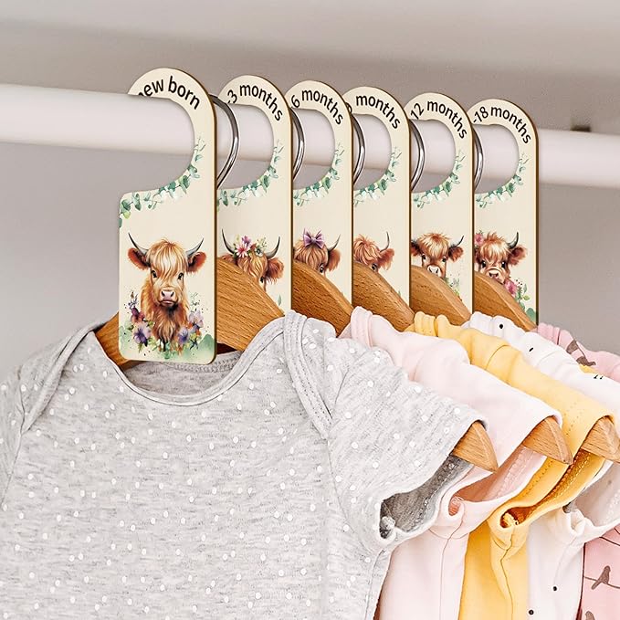 Whaline 8Pcs Baby Closet Size Dividers Watercolor Highland Cow Hanging Wood Baby Closet Organizer Newborn to 24 Months Thicken Baby Wardrobe Organizer-CubbioBaby