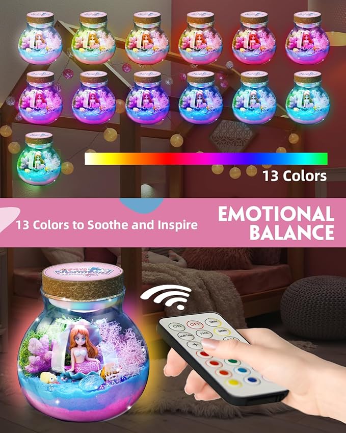 Light-Up Mermaid Terrarium Kit for Girls, DIY Arts & Crafts Gift for Girls Ages 4-6 7 8-12 Year Old, LED Night Light with Remote, Best Christmas Mermaid Birthday Decoration Toys Gifts for Girls Kid