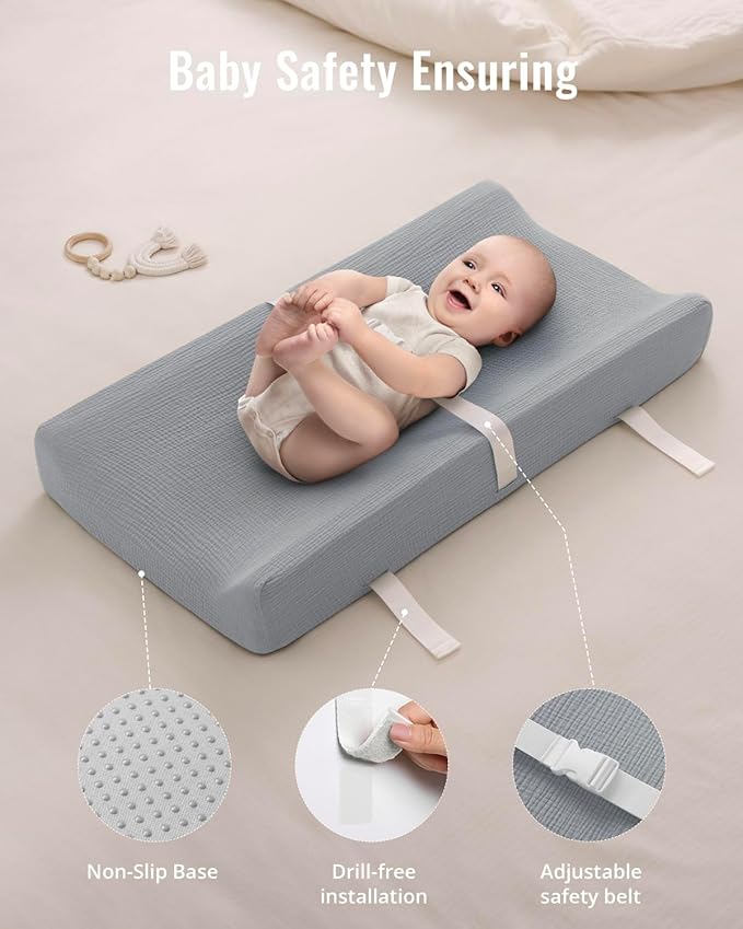 Blissful Diary Muslin Baby Changing Pad with Waterproof Lining Foam, Diaper Changing Table Pad with Cover for Dressers (Gray, Rectangular)-CubbioBaby
