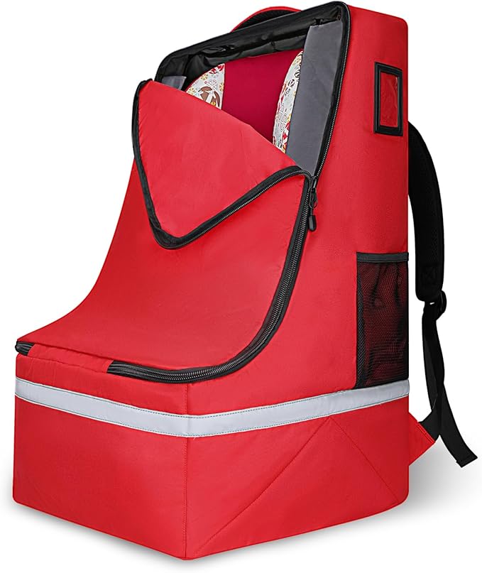Car Seat Travel Bag for Airplane,Infant Seat Travel Bag with Shoulder Strap,Padded Car Seats Backpack with Reflective Stripes,Large Carseat Carrier Bag Travel Car Seat Cover, Red-CubbioBaby
