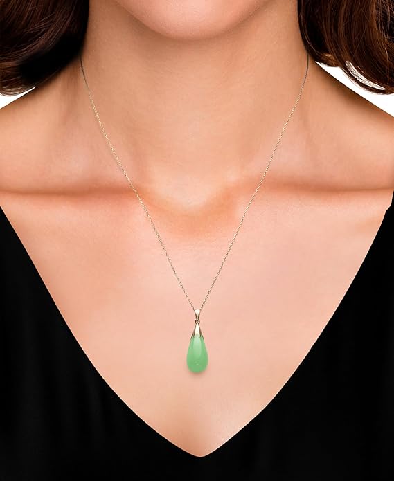 Belacqua Natural teardrop Jade Pendant Necklace for Women | 10K Gold 18" Rope Chain With Spring Ring Clasp | Jewelry for Her | Gift Box Included