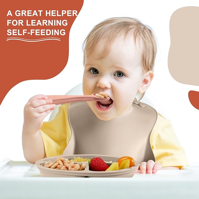 10 Pack Silicone Baby Feeding Set, Toddlers Led Weaning Feeding Supplies with Suction Baby Bowl Divided Plate Adjustable Bib Soft Silicone Spoon Fork, Infant Self Eating Utensil Set (Beige, Orange)-CubbioBaby