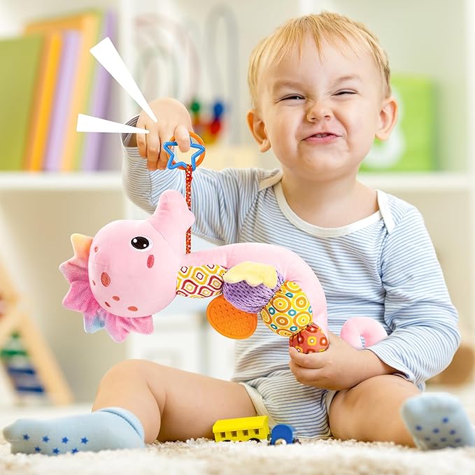 LIGHTDESIRE Baby Toys Musical Seahorse,Infant Stuffed Animal Toys with Crinkle and Rattles,Soft Sensory Toys with Textures for Tummy Time Newborn Boys Girls 0 3 6 12 Months(Pink)-CubbioBaby