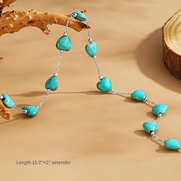 Created Turquoise Necklace for Women 14K Gold Plated Beaded Heart Choker Boho Necklaces Handmade Beach Summer Everyday Western Jewelry Gifts