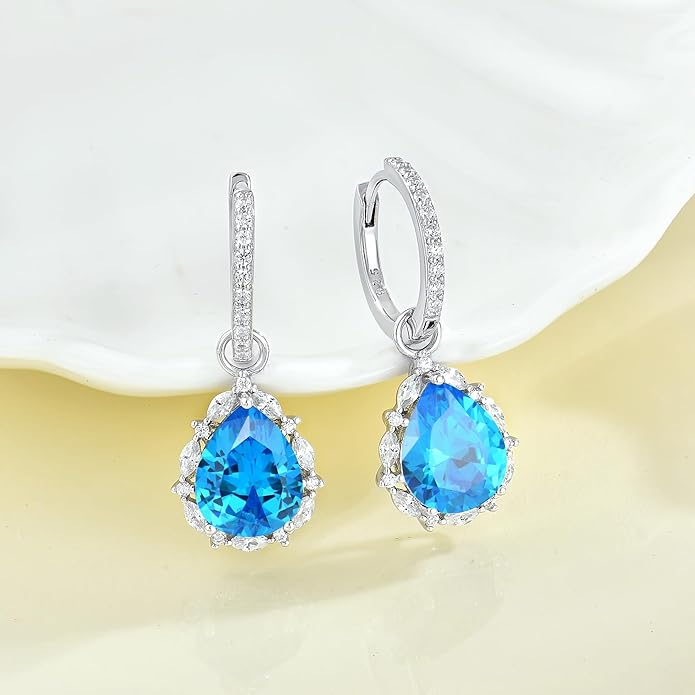 Women 925 Sterling Silver Birthstone Teardrop Huggie 14mm Hoop Drop Dangle Earrings 5A Cubic Zirconia Jewelry