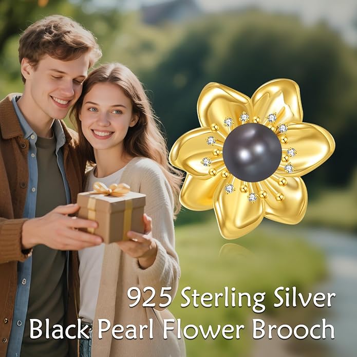 Diamonds Flower Brooch for Women, 925 Sterling Silver Black Freshwater Pearl Pins with Lab Grown Diamonds for Clothes, Flower Brooches Jewelry Gifts Christmas Mothers Day Birthday