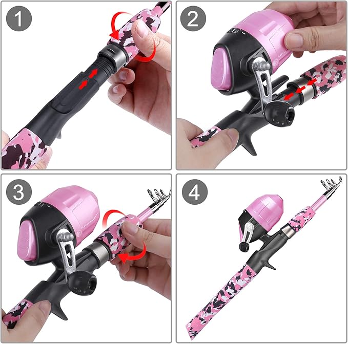 ODDSPRO Kids Fishing Pole Pink, Portable Telescopic Fishing Rod and Reel Combo Kit - with Spincast Fishing Reel Tackle Box for Girls, Youth-CubbioBaby