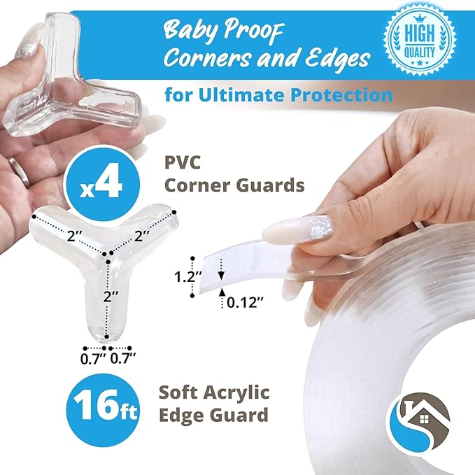 Furniture Corner & Edge Safety Bumpers, 16ft Edge Protector & 4 Clear Corner Protector Baby Proofing. Clear Corner Guards for Corner Table Protector for Kids. Cabinet Edge Protector & Corner Bumpers-CubbioBaby