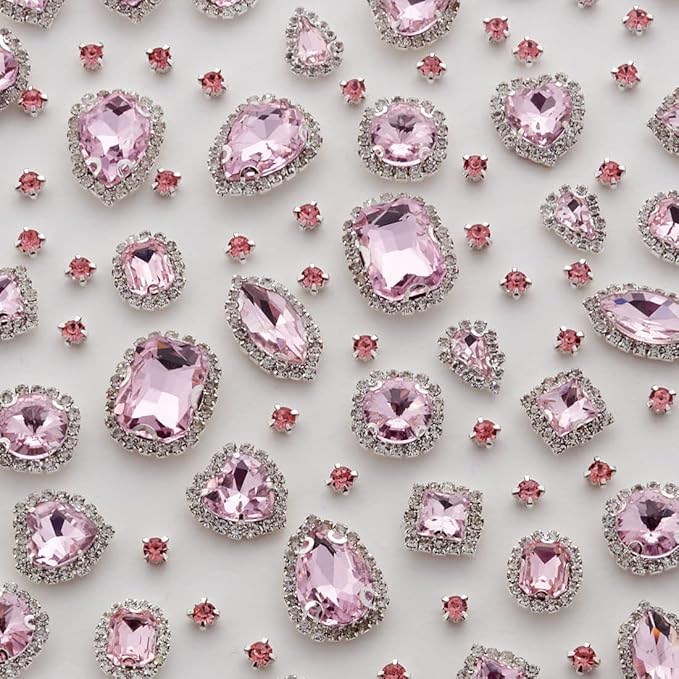TANOSII Sew on Rhinestones 100 PCS Mixed Shapes Glass Rhinestones Sew on Crystal Gems Mental Flatback with Silver Claw for Jewelry Crafts Clothes Shoes Costume Garment Pink Type 1