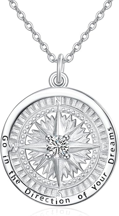 KINGWHYTE Graduation Gifts Birthstone Necklace for Women 925 Sterling Silver Compass Pendant Go in the Direction of your Dream Travel Jewelry Birthday Gift for Her
