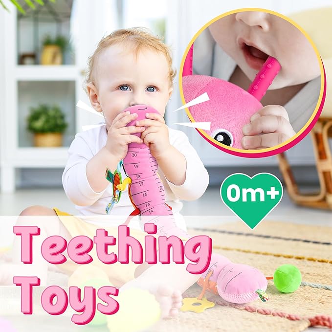 LIGHTDESIRE Baby Toys Musical Caterpillar,Infant Toys Stuffed Animals with Mirror,Ruler Design,Pull String&Rattles,Sensory Toy for Tummy Time Boy Girl Newborn Gifts 3 6 12 Months(Rose Pink,Knot Limb)-CubbioBaby