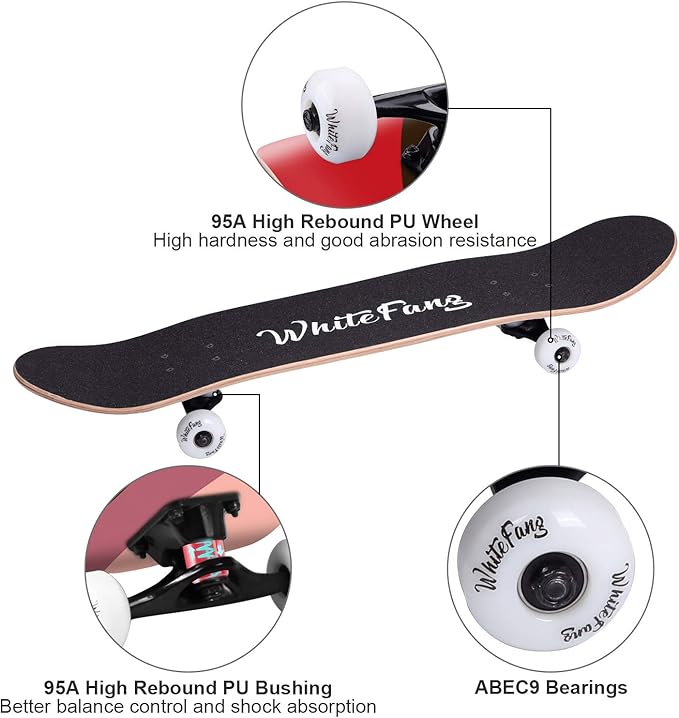 WhiteFang Skateboards for Beginners, Complete Skateboard 31 x 7.88, 7 Layer Canadian Maple Double Kick Concave Standard and Tricks Skateboards for Kids and Beginners-CubbioBaby