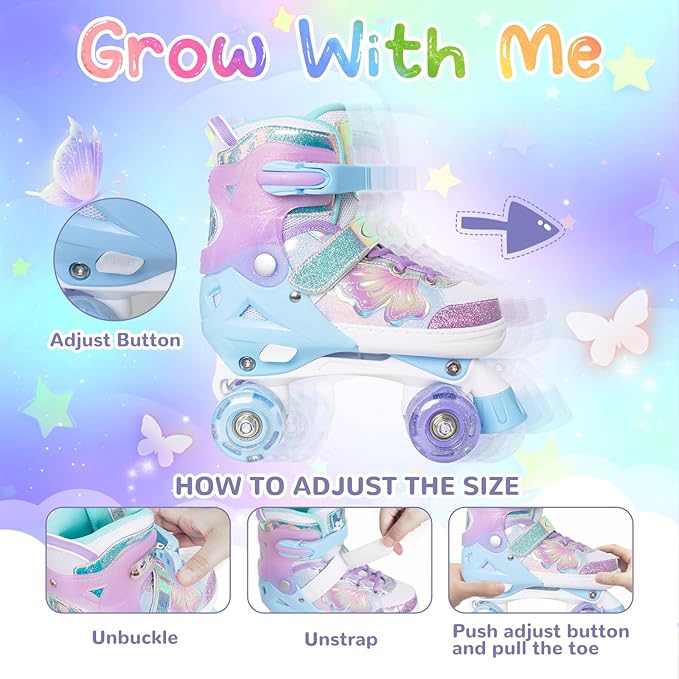 Nattork Kids Roller Skates for Girls Boys Kids, 4 Sizes Adjustable Quad Skates Butterfly and Flower with All Light up Wheels - Birthday Gift for Indoor Outdoor Sports-CubbioBaby