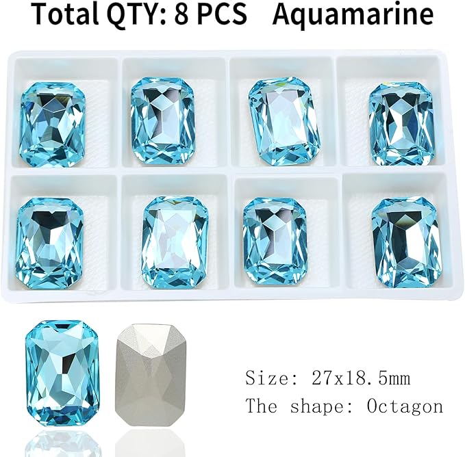 8Pcs Octagon Crystal Pointback Rhinestones,27 * 18.5mm Large Glass Rhinestones Gem Stones for Crafts Dress Shoes Jewelry Making，Light Lake Blue